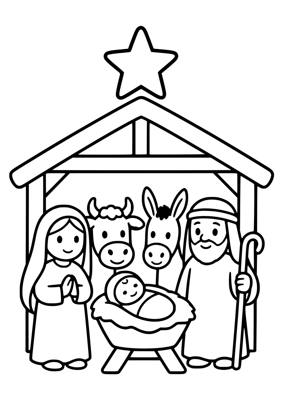 Free printable coloring page of easy nativity scene for preschoolers