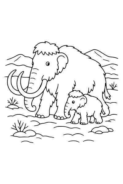Coloring page of a woolly mammoth with a calf in the snow