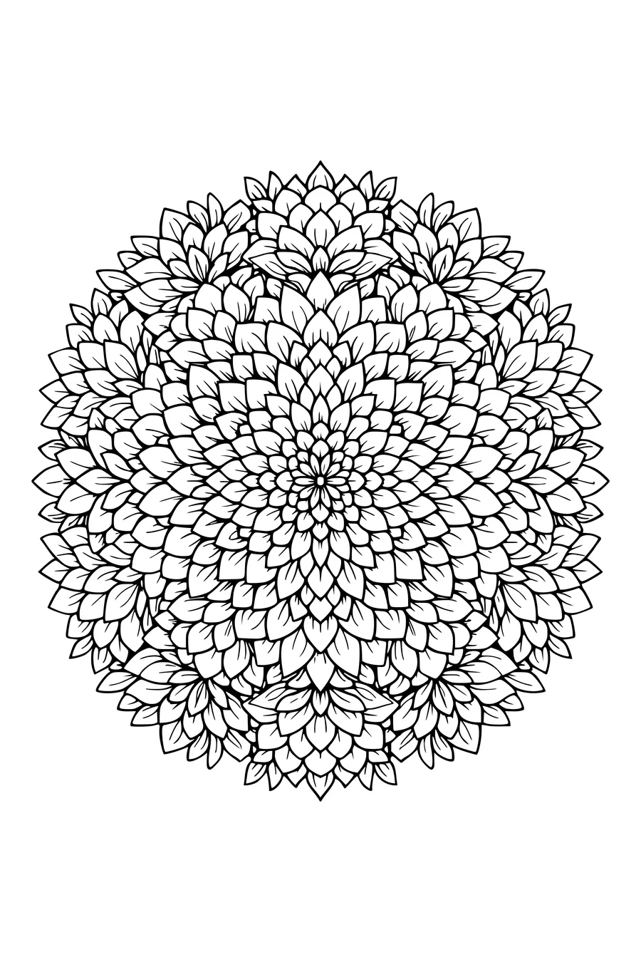 Coloring page of a dense mandala made of concentric flower rings