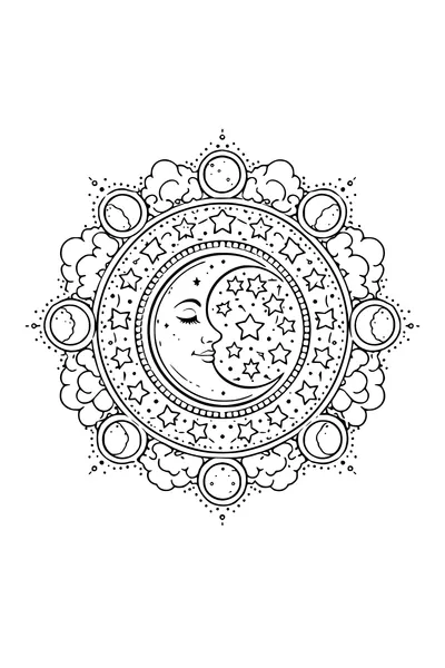 Coloring page of a mandala with a crescent moon, stars and moon phases