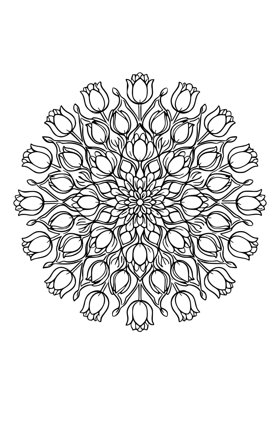 Coloring page of a radial mandala made from repeating tulip heads and stems