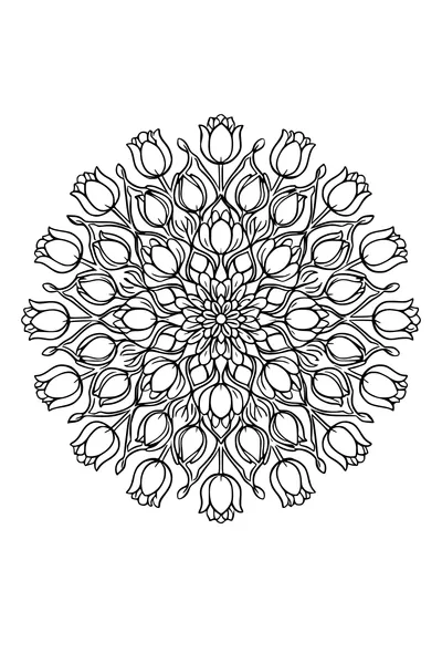 Coloring page of a radial mandala made from repeating tulip heads and stems