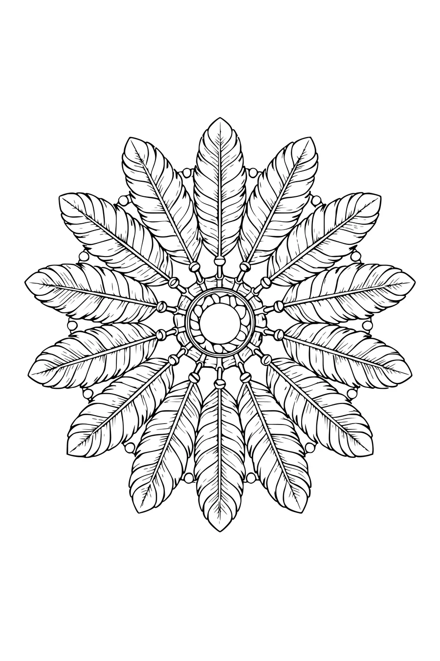 Coloring page of a radial mandala made from overlapping feathers