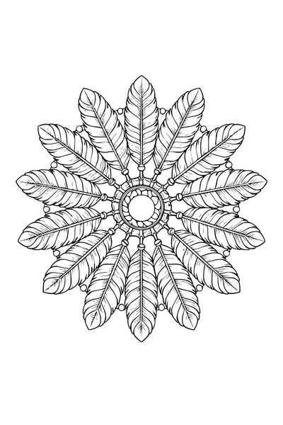 Coloring page of a radial mandala made from overlapping feathers