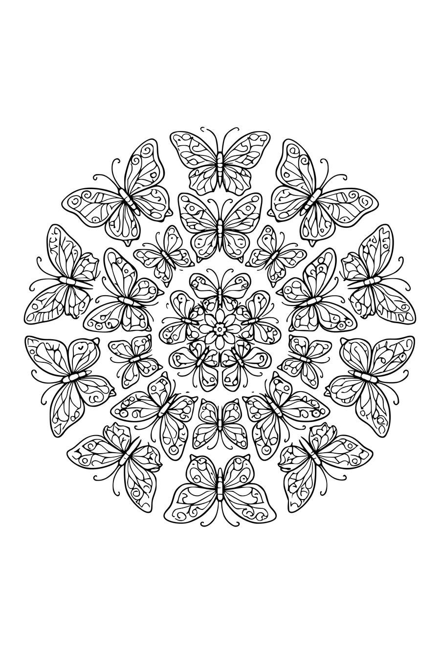 Coloring page of a radial mandala made from butterflies