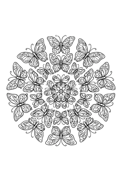 Coloring page of a radial mandala made from butterflies