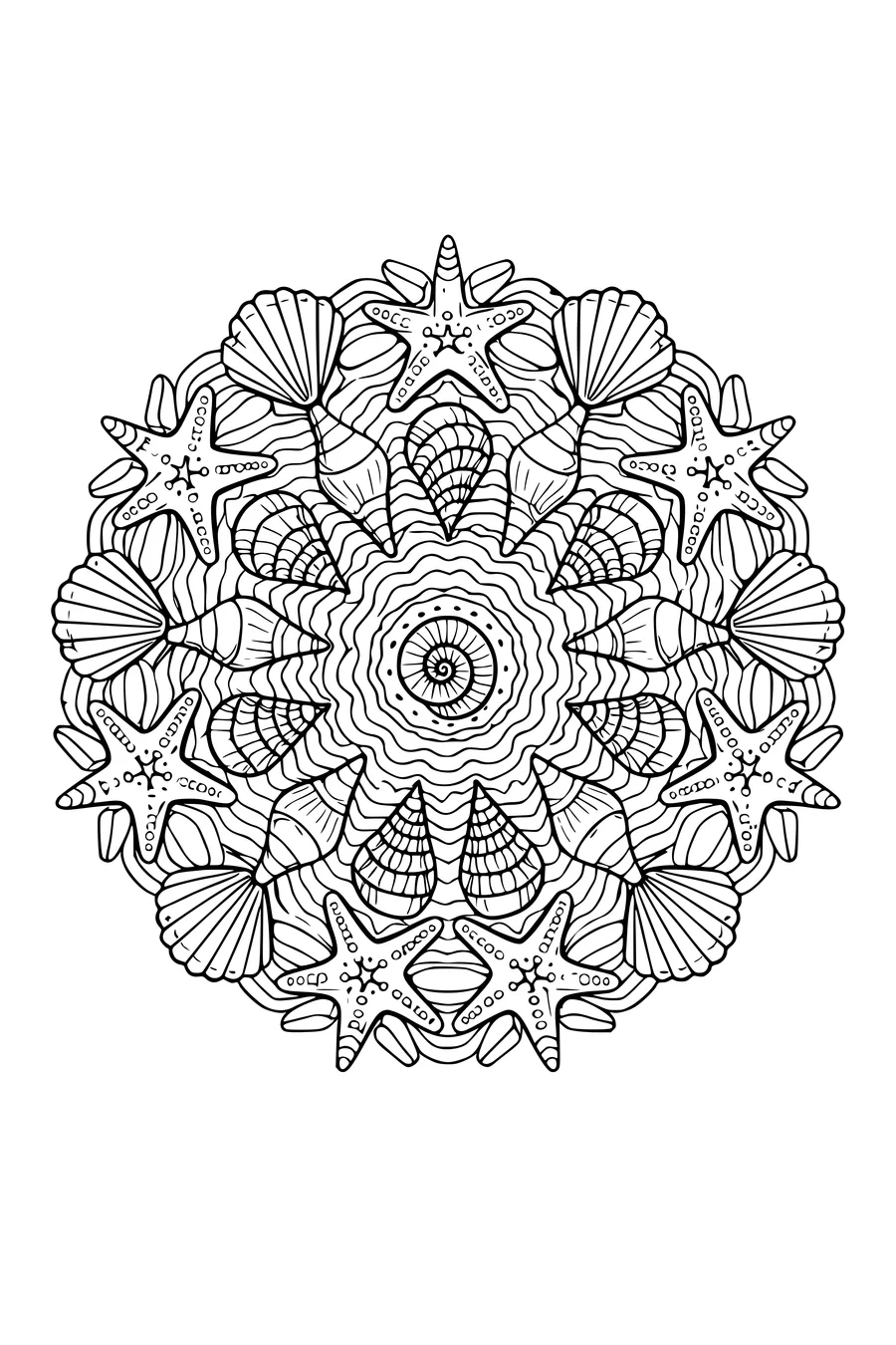 ausmalbild radiales mandala aus muscheln und seesternen