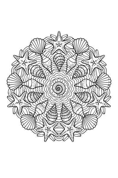 Kleurplaat van een radiale mandala opgebouwd uit schelpen en zeesterren