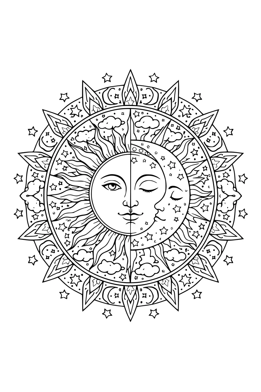 Coloring page of a mandala with a sun face and a moon face