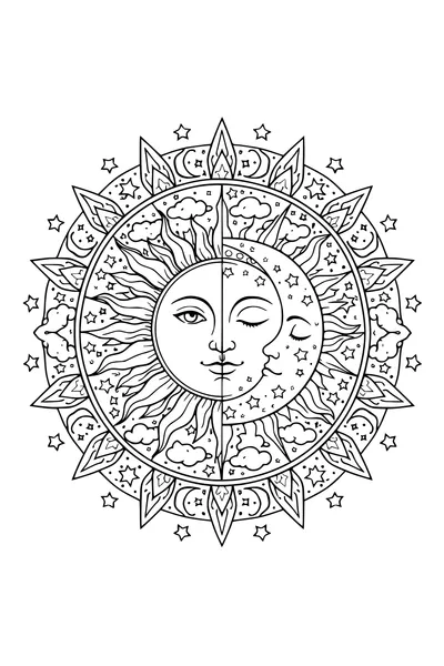 Coloring page of a mandala with a sun face and a moon face