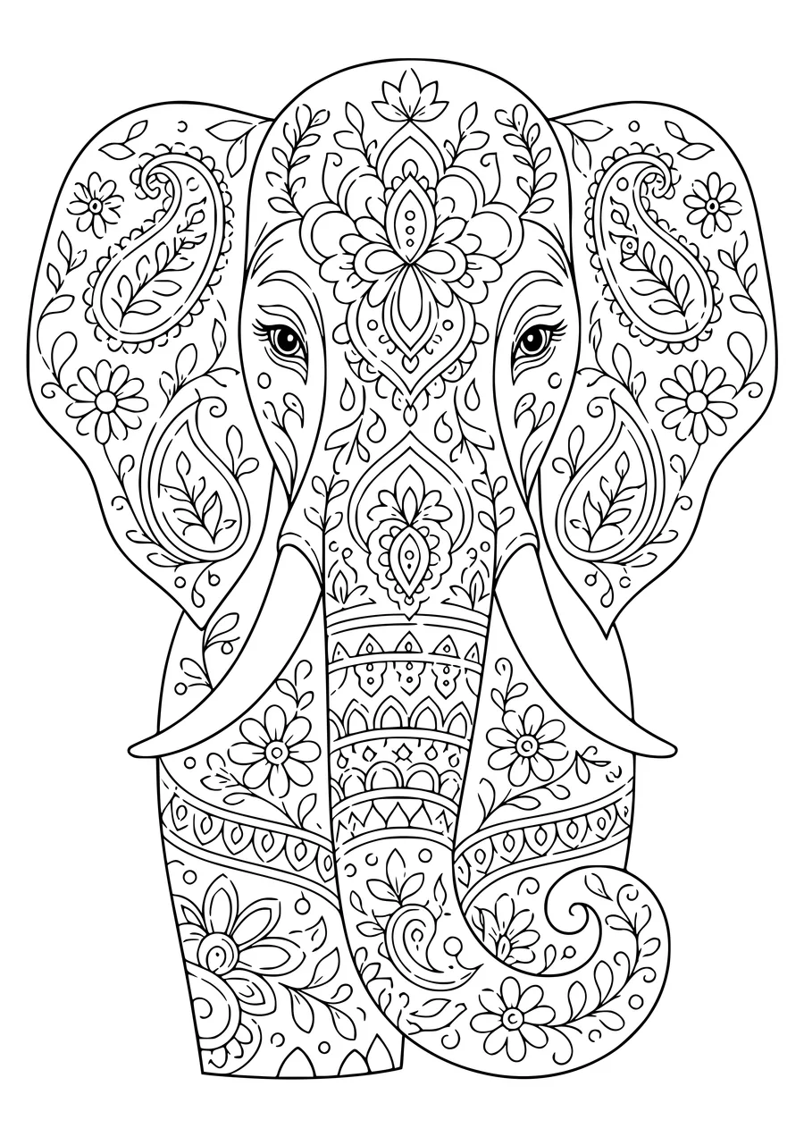 Adult elephant pattern coloring page — kostenloses Ausmalbild zum Ausdrucken