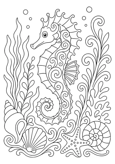 Adult seahorse pattern coloring page — kostenloses Ausmalbild zum Ausdrucken