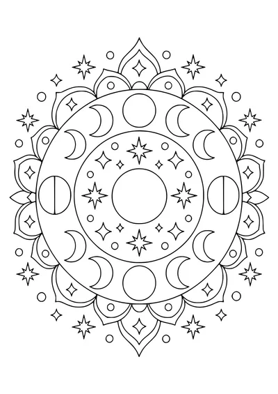Moon phases mandala — kostenloses Ausmalbild zum Ausdrucken