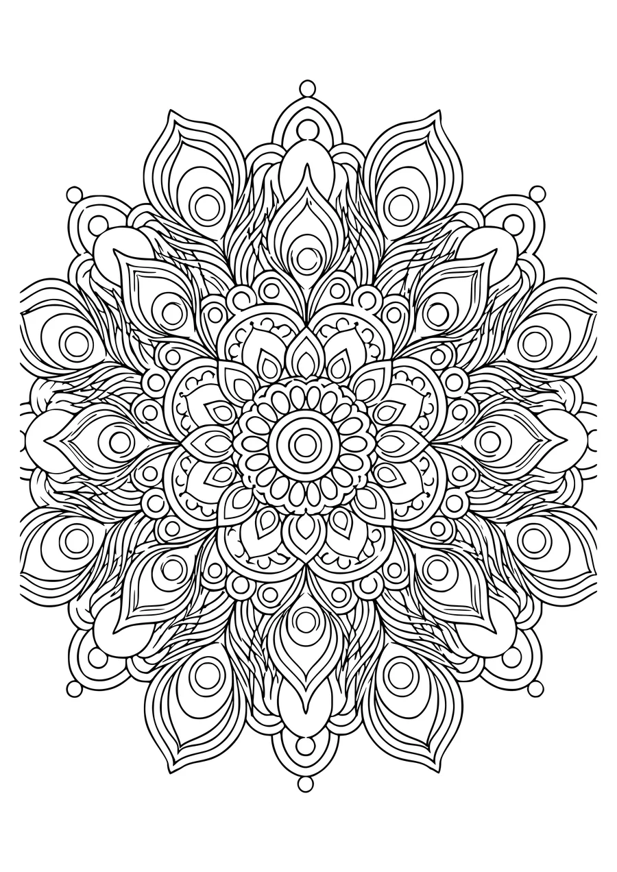 Difficult peacock-feather mandala coloring page