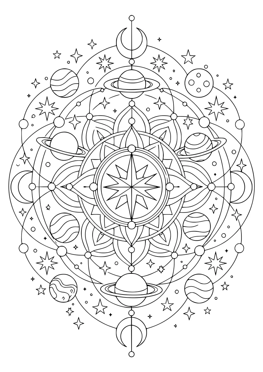 Difficult star system mandala coloring page