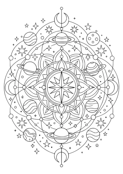Difficult star system mandala — kostenloses Ausmalbild zum Ausdrucken