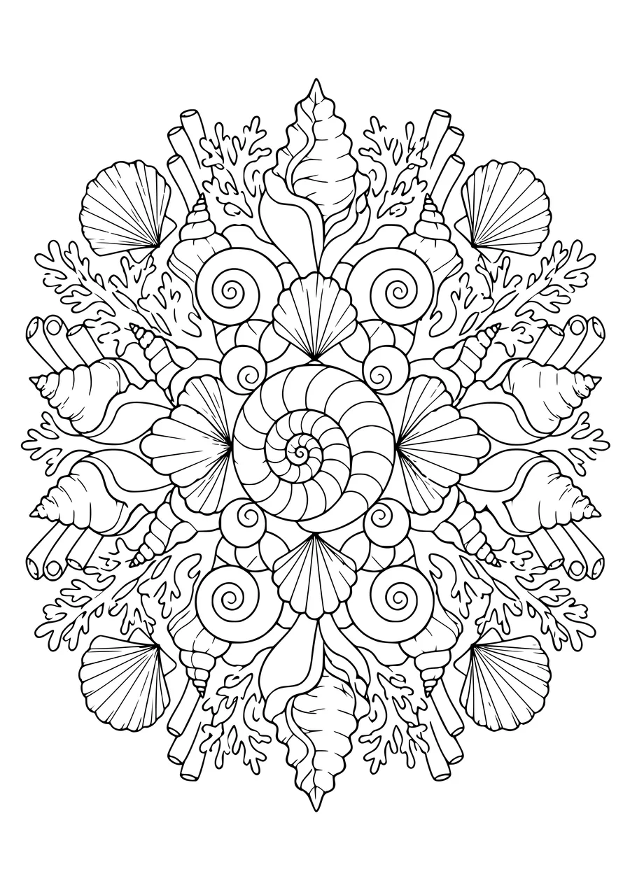 Difficult seashell mandala coloring page