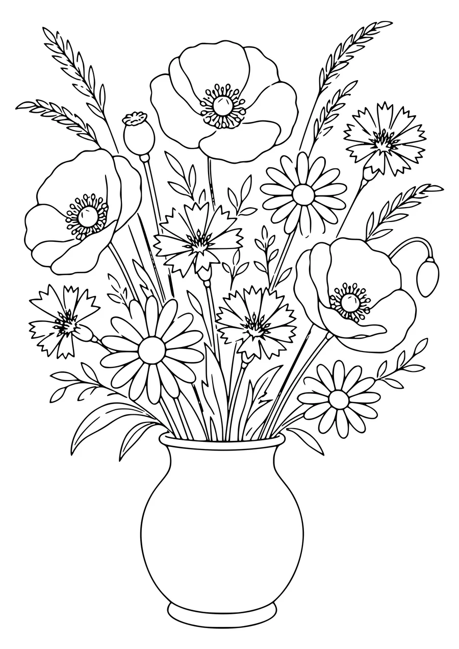 Wildflower bouquet — kostenloses Ausmalbild zum Ausdrucken