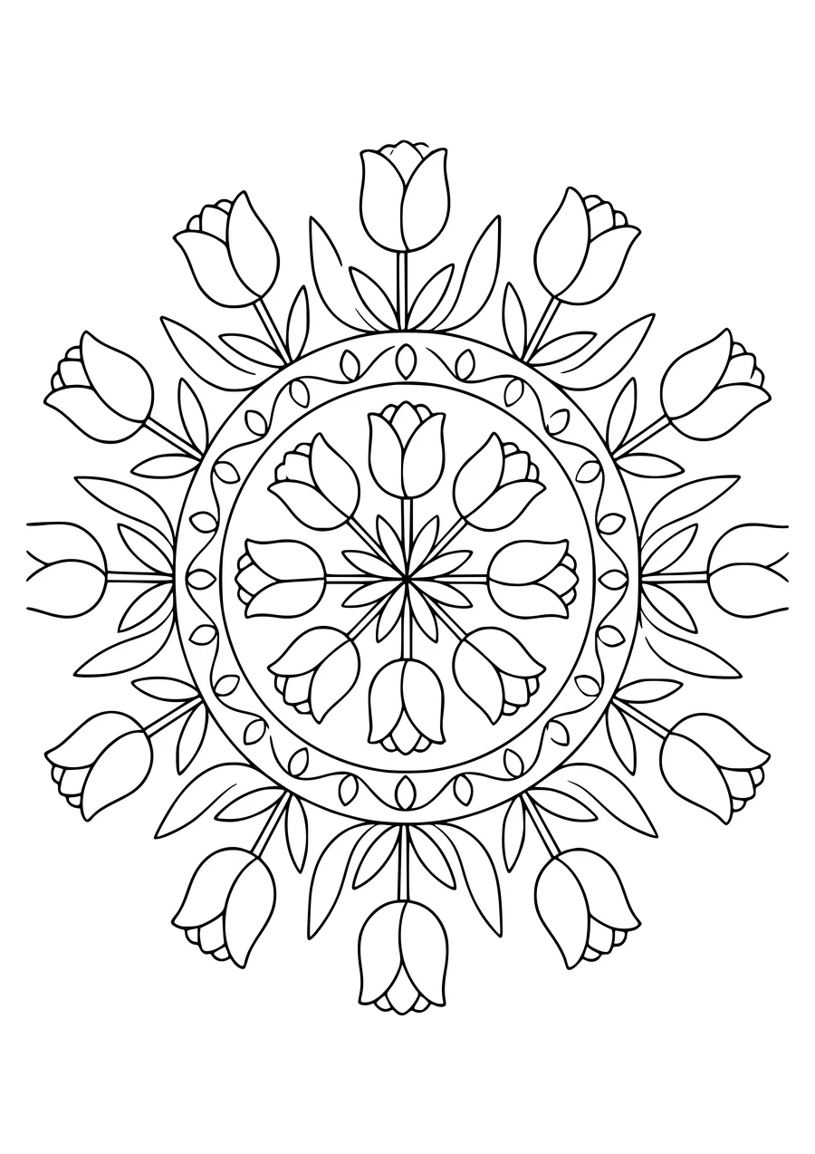 Tulip flower mandala — kostenloses Ausmalbild zum Ausdrucken