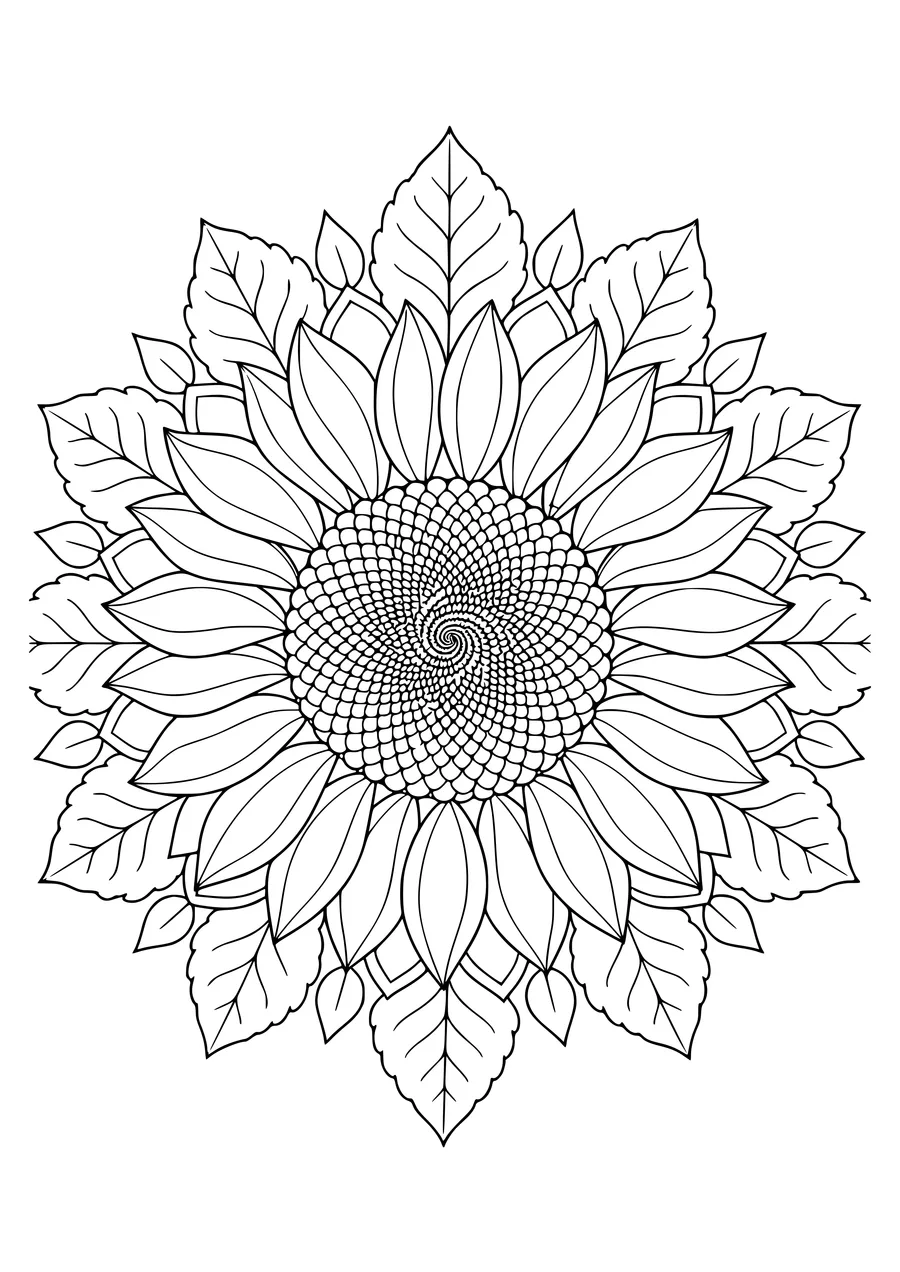 Sunflower mandala — kostenloses Ausmalbild zum Ausdrucken