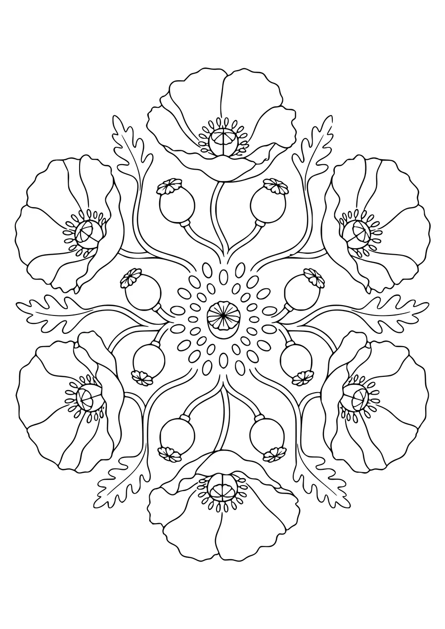 Poppy flower mandala — kostenloses Ausmalbild zum Ausdrucken