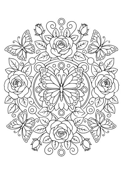 Rose and butterfly mandala — kostenloses Ausmalbild zum Ausdrucken