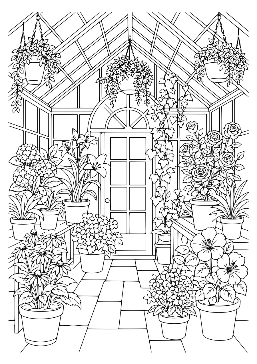 Volwassenen Bloemenkas kleurplaat