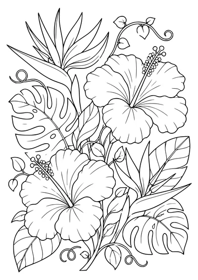 Adult tropical flowers — kostenloses Ausmalbild zum Ausdrucken