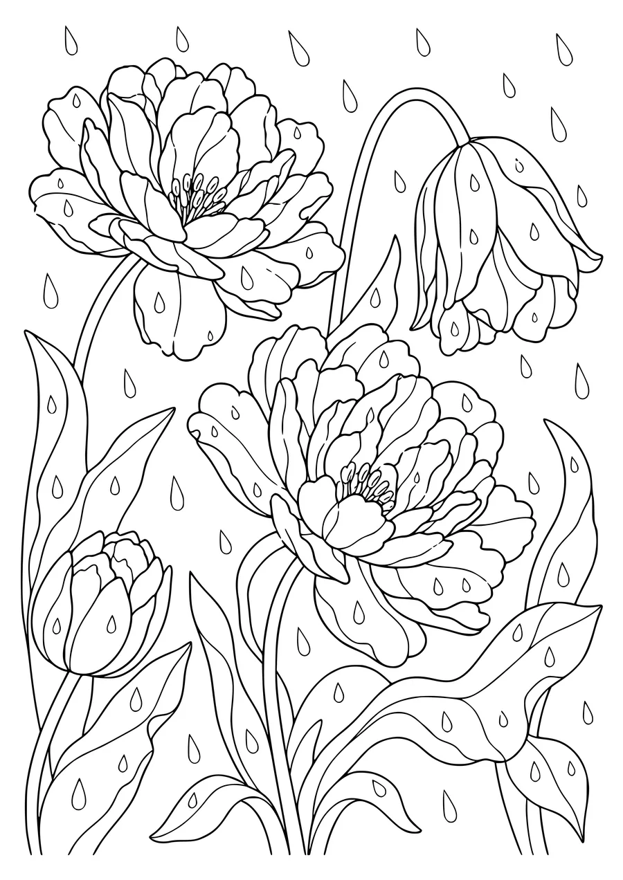 Adult flowers in rain coloring page