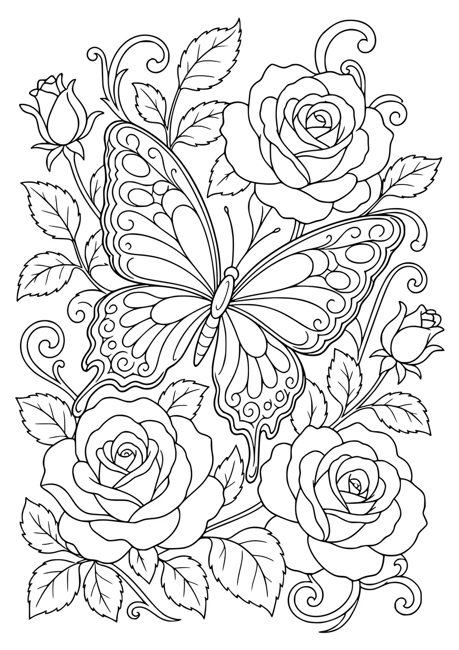 Adult butterfly and roses — kostenloses Ausmalbild zum Ausdrucken