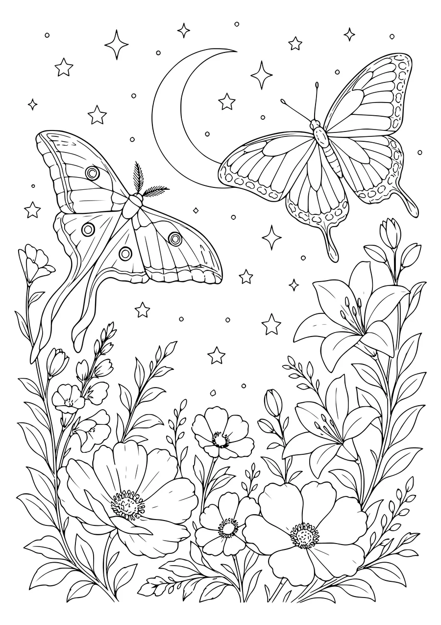 Adult butterfly under the moon coloring page