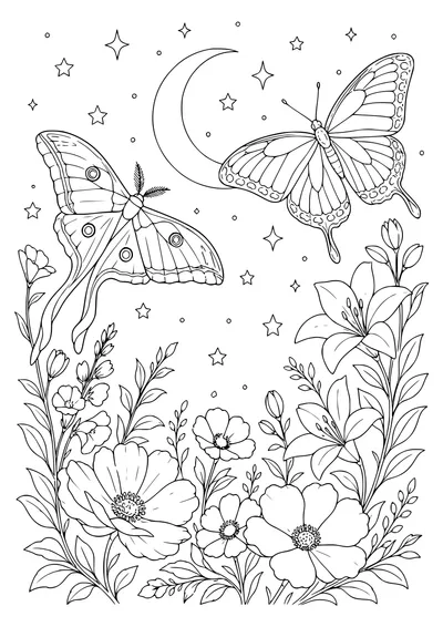 Adult butterfly under the moon — kostenloses Ausmalbild zum Ausdrucken