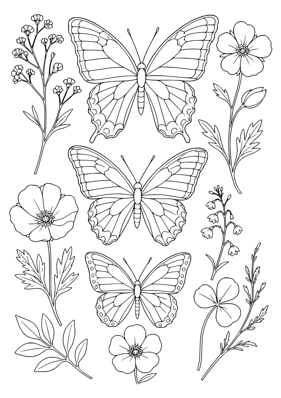Adult butterfly herbarium — page de coloriage gratuite à imprimer