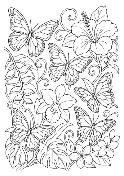 Adult tropical butterflies — kostenloses Ausmalbild zum Ausdrucken