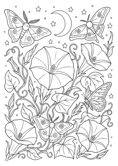 Adult moths and night flowers — kostenloses Ausmalbild zum Ausdrucken