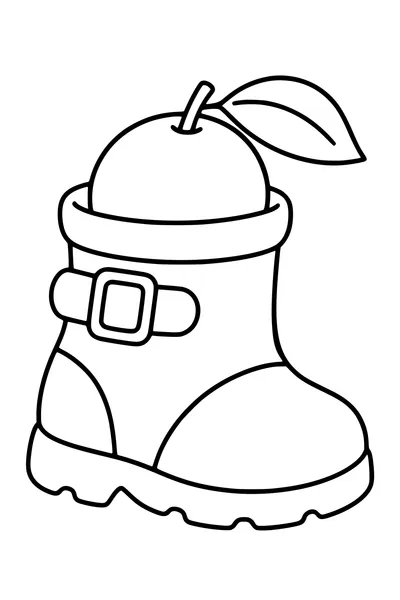 Uit een kinderschoen steekt een mandarijn met een blaadje.