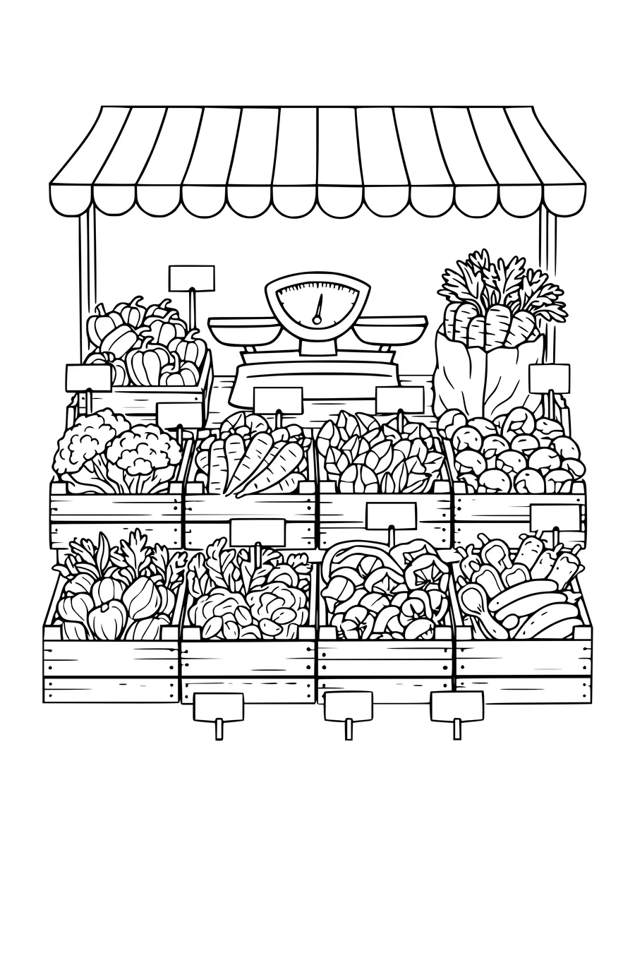 Coloring page of a market stall with crates of vegetables and scales