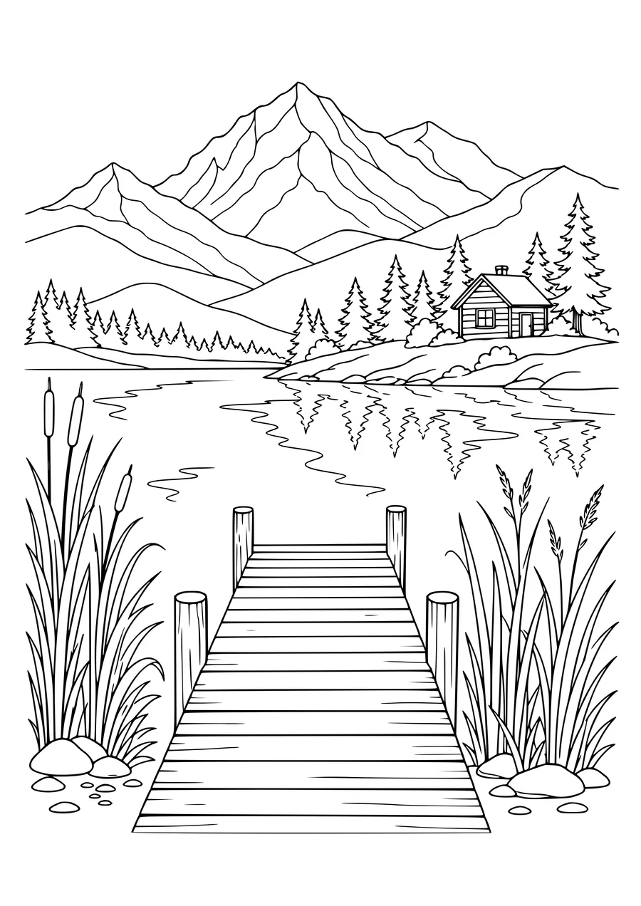 Difficult adult landscape coloring page: mountain lake with wooden jetty