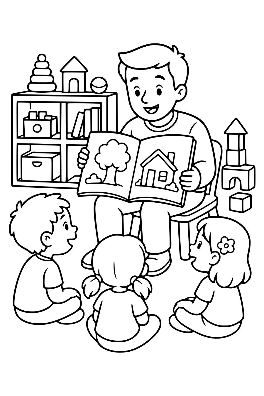 Free printable school coloring page of teacher reads in the preschool classroom in class
