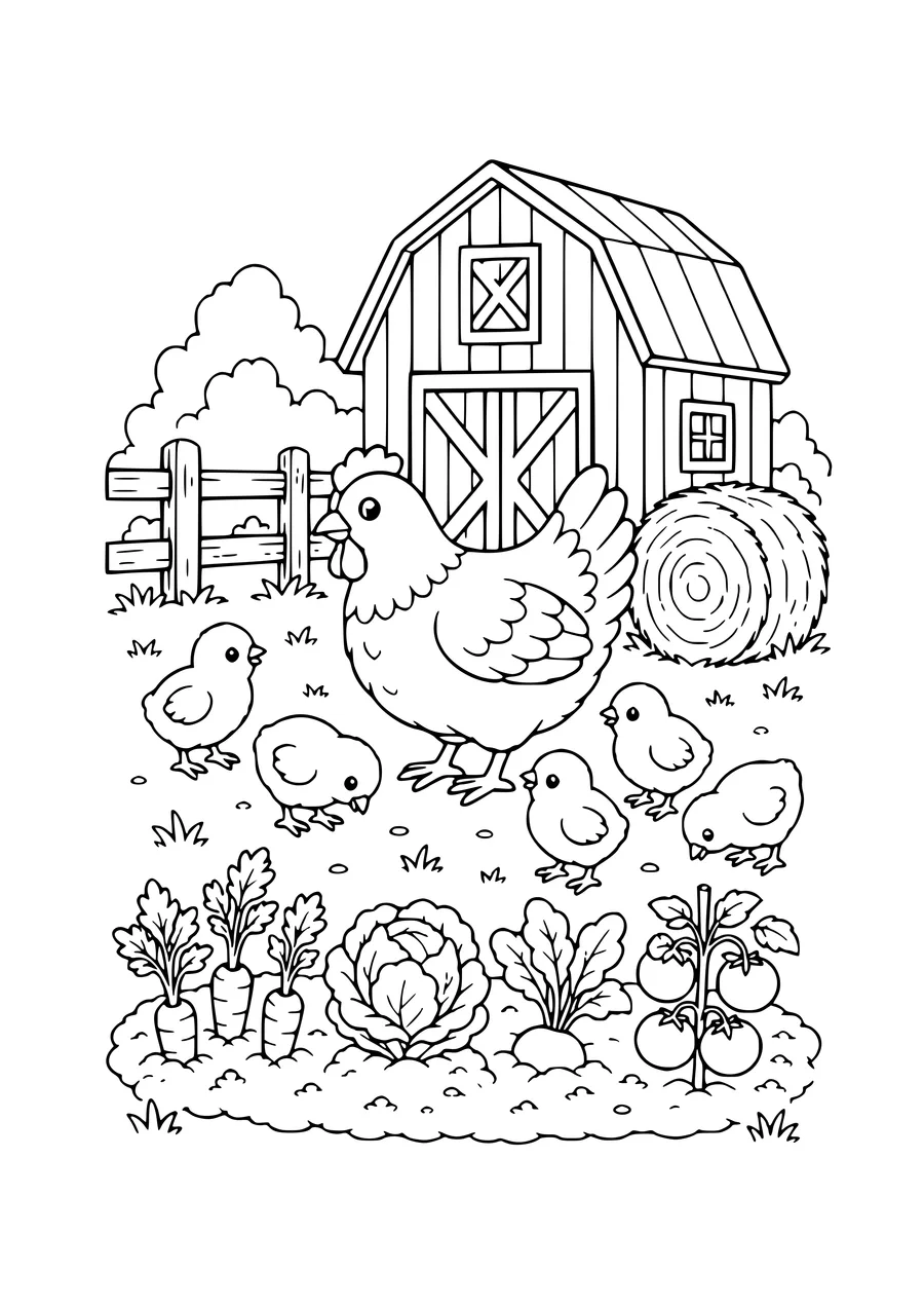 Ferme avec poule coloriage