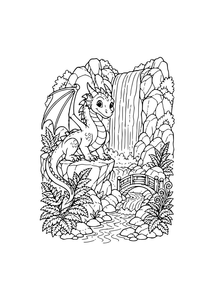 Drache am Wasserfall Ausmalbild
