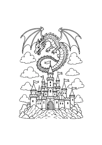 Drache über Burg Ausmalbild