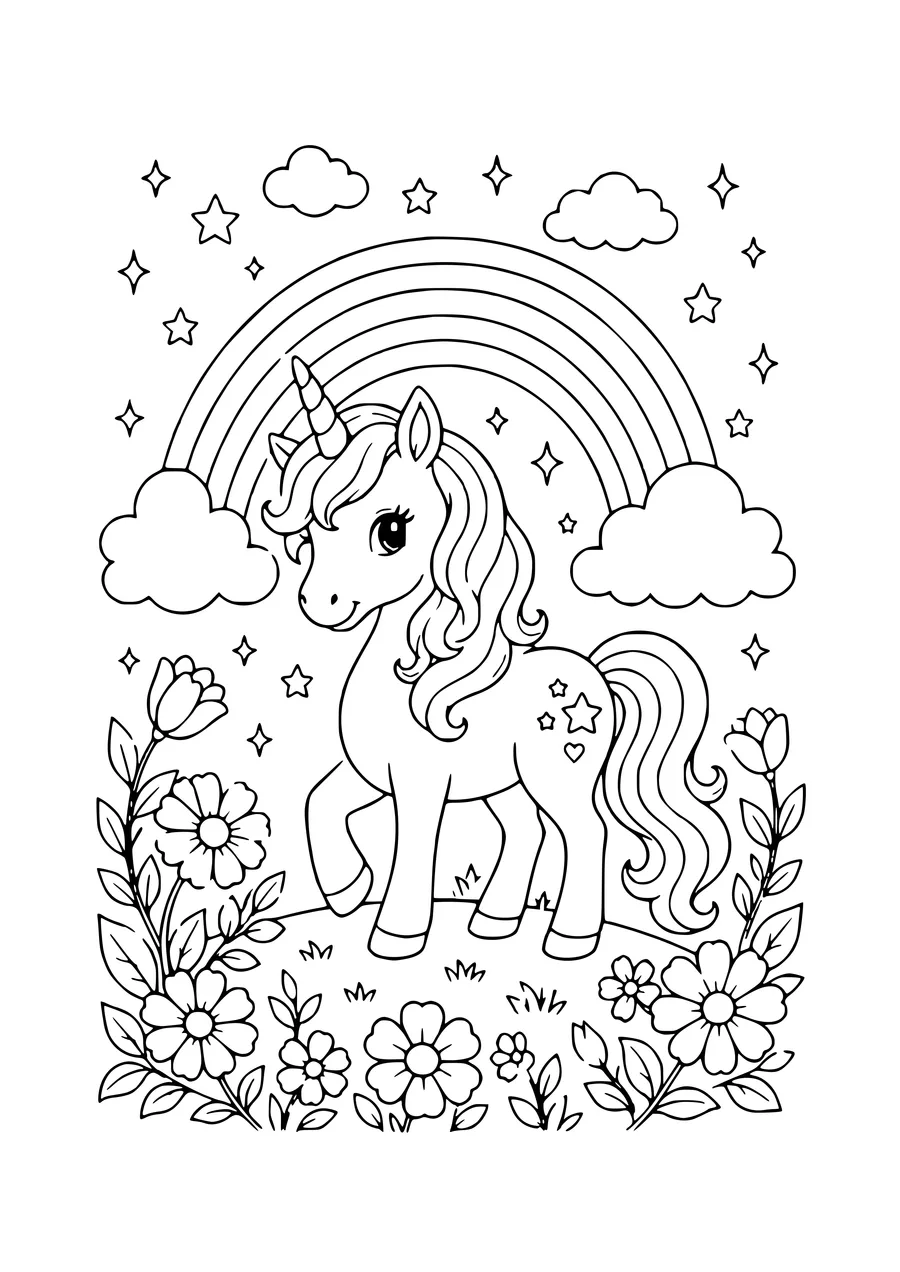 Einhorn bei Regenbogen Ausmalbild