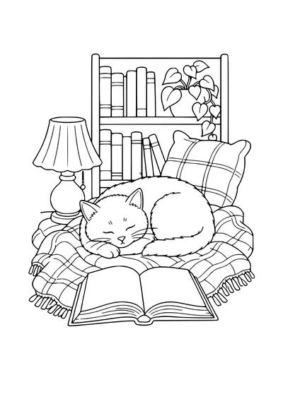 Katze am offenen Buch Ausmalbild