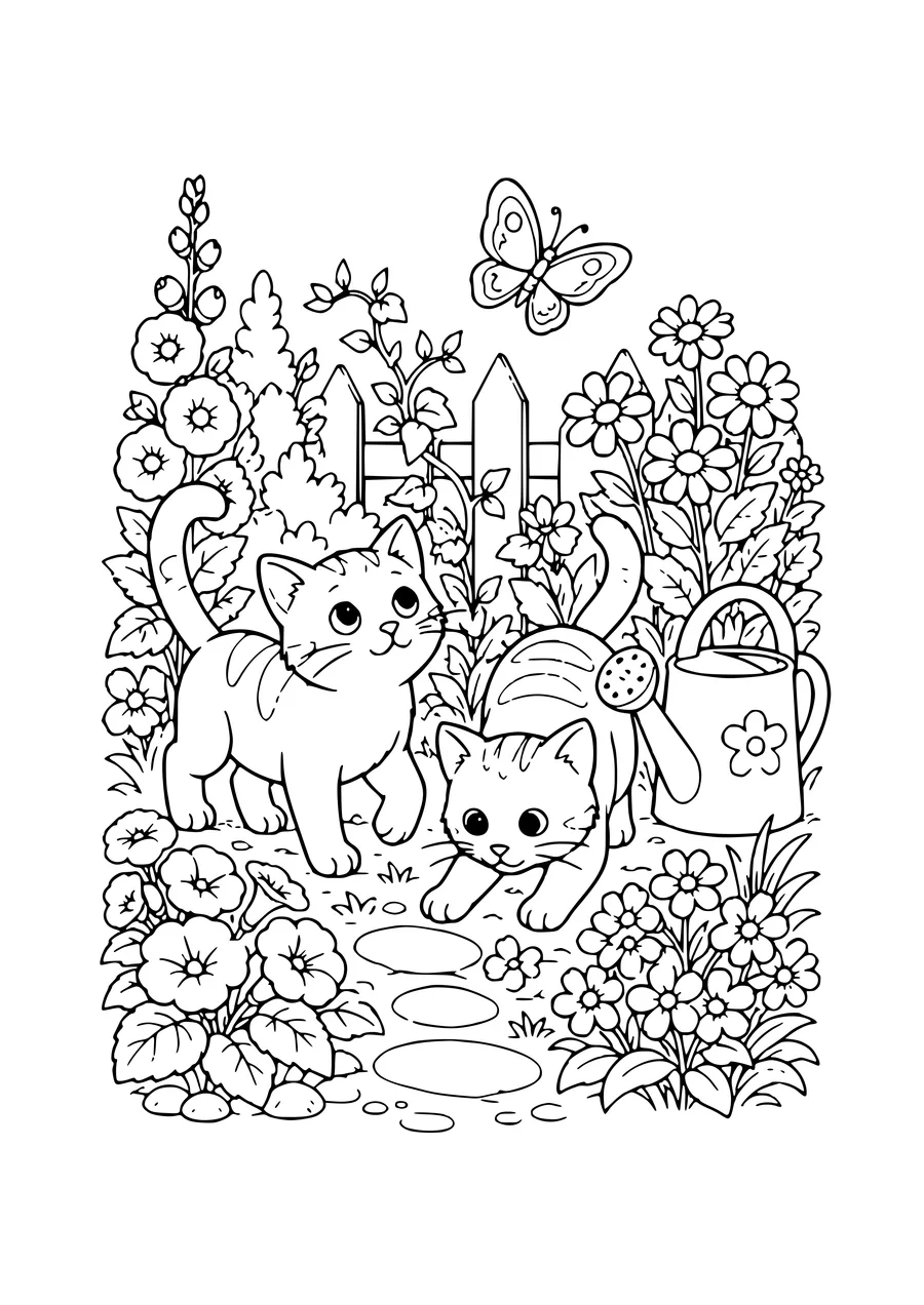Katzen im Garten Ausmalbild