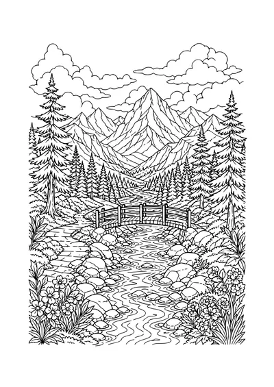 mountain landscape with river coloring page