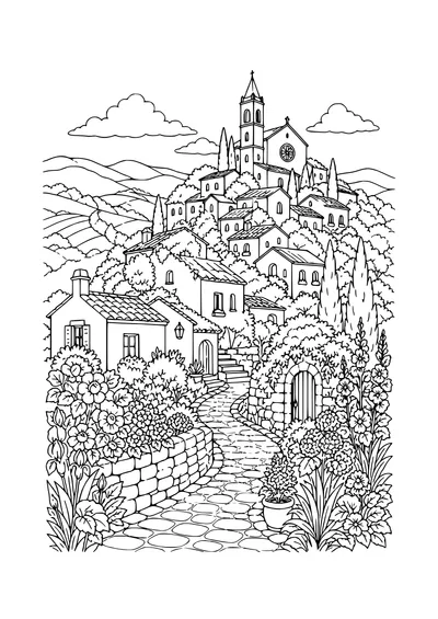 village among hills coloring page