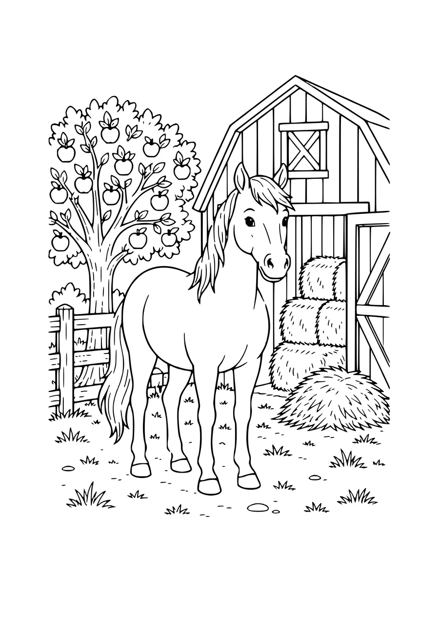 Pferd bei Scheune Ausmalbild