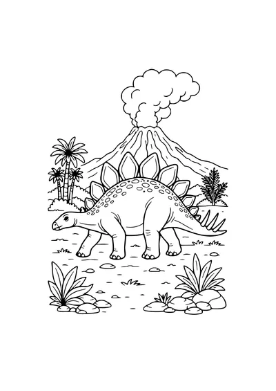 ausmalbild stegosaurus am vulkan