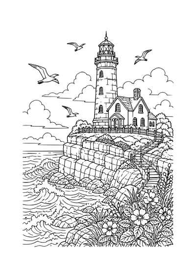 lighthouse and rocky coast coloring page